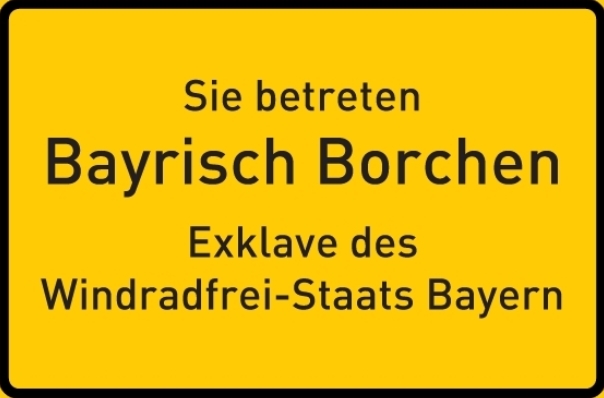 Bürgermeister Reiner Allerdissen hat genug von der Windenergie. Er hat den Anschluss Borchens an Bayern beschlossen. (Grafik: Windkraftsatire)