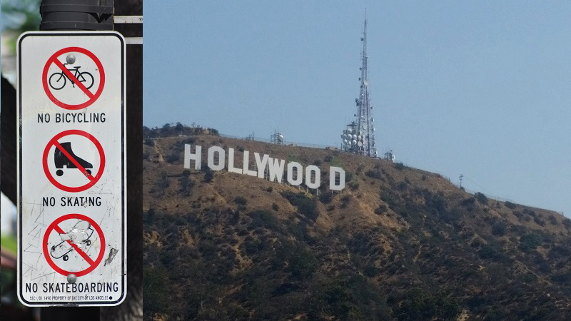 Trumps Kehrtwende in der US-Umweltpolitik ist in Los Angeles bereits sichtbar. Neben dem berühmten Schild auf den Hollywood Hills steht nur noch der Turm eines Windrads, die Rotoren sind bereits abmontiert. Donald Trump hat zudem in LA jegliche Mobilität, die nicht auf Öl setzt, verboten. (Fotos: © Windkraft Satire)